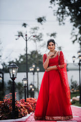 Red Hand embroidered organza lehenga - YoshnasByEla