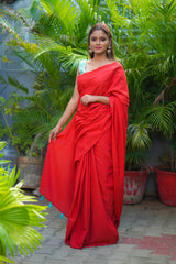 Red plain mul cotton saree