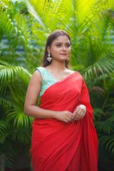 Red plain mul cotton saree