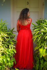 Red sequins net anarkali