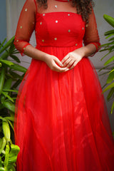 Red sequins net anarkali
