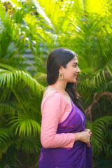 Violet mul cotton block printed saree