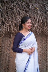 White & Blue border mul cotton block printed saree