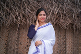 White & Blue border mul cotton block printed saree
