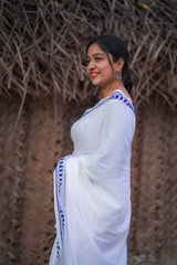 White & Blue border mul cotton block printed saree