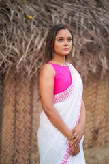 White & pink border mul cotton block printed saree