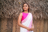 White & pink border mul cotton block printed saree