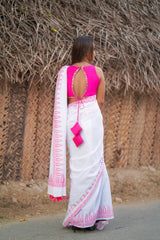 White & pink border mul cotton block printed saree