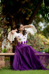 White & purple embroidery lehenga
