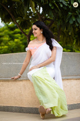 White and Green shaded mul cotton saree