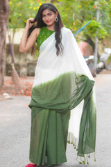 Off White and Green shaded mul cotton saree