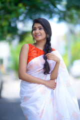White and Orange mul cotton kolam block printed saree