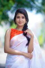 White and Orange mul cotton kolam block printed saree