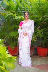 White and Pink mul cotton block printed saree