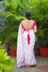 White and Pink mul cotton block printed saree