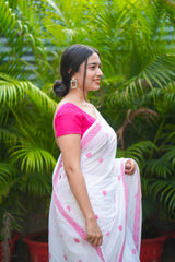 White and Pink mul cotton block printed saree