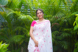 White and Pink mul cotton block printed saree