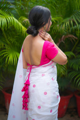 White and Pink mul cotton block printed saree