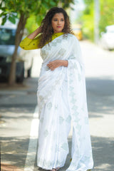 White mul cotton kolam block printed saree