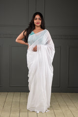 White mul cotton plain saree