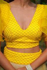 Yellow Gold Pearl Net Skirt & Blouse