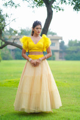 Yellow Gold Pearl Net Skirt & Blouse