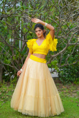 Yellow Gold Pearl Net Skirt & Blouse