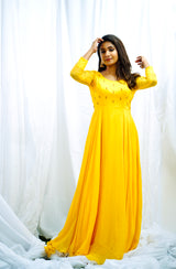 Yellow georgette hand embroidered Anarkali