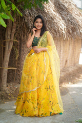 Yellow Green embroidery organza lehenga
