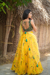 Yellow Green embroidery organza lehenga