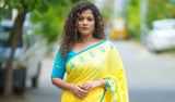 Yellow mul cotton block printed saree