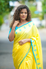 Yellow mul cotton block printed saree