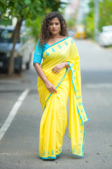 Yellow mul cotton block printed saree