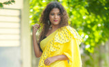 Yellow mul cotton block print ruffle saree
