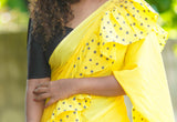 Yellow mul cotton block print ruffle saree