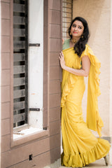 Yellow mul cotton plain ruffles saree