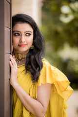 Yellow mul cotton plain ruffles saree