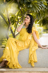 Yellow mul cotton plain ruffles saree