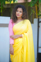 Yellow mul cotton plain saree