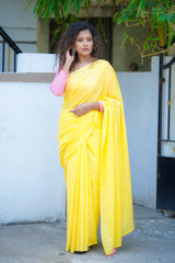 Yellow mul cotton plain saree