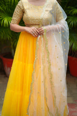 Yellow pearl net lehenga