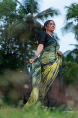 Yellow Black mul cotton tie & dye saree