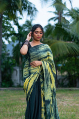 Yellow Black mul cotton tie & dye saree