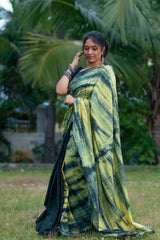 Yellow Black mul cotton tie & dye saree