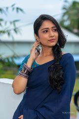 Blue mul cotton plain saree