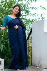 Blue mul cotton plain saree