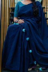 Blue mul cotton plain saree