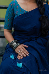 Blue mul cotton plain saree