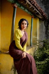 Brown mul cotton plain saree