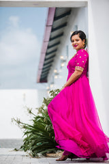 Pink Hand Embroidered organza anarkali - YoshnasByEla